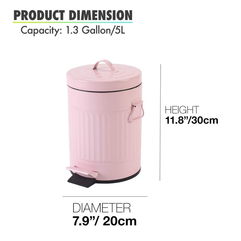 mingol Bathroom Trash Can with Lid, Small Trash Can Wastebasket for Home Bedroom with Lid, Round Waste Bin Soft Close, Retro Vintage Garbage Metal Cans for Office, 5 Liter / 1.3 Gallon, Glossy Pink - Image 4